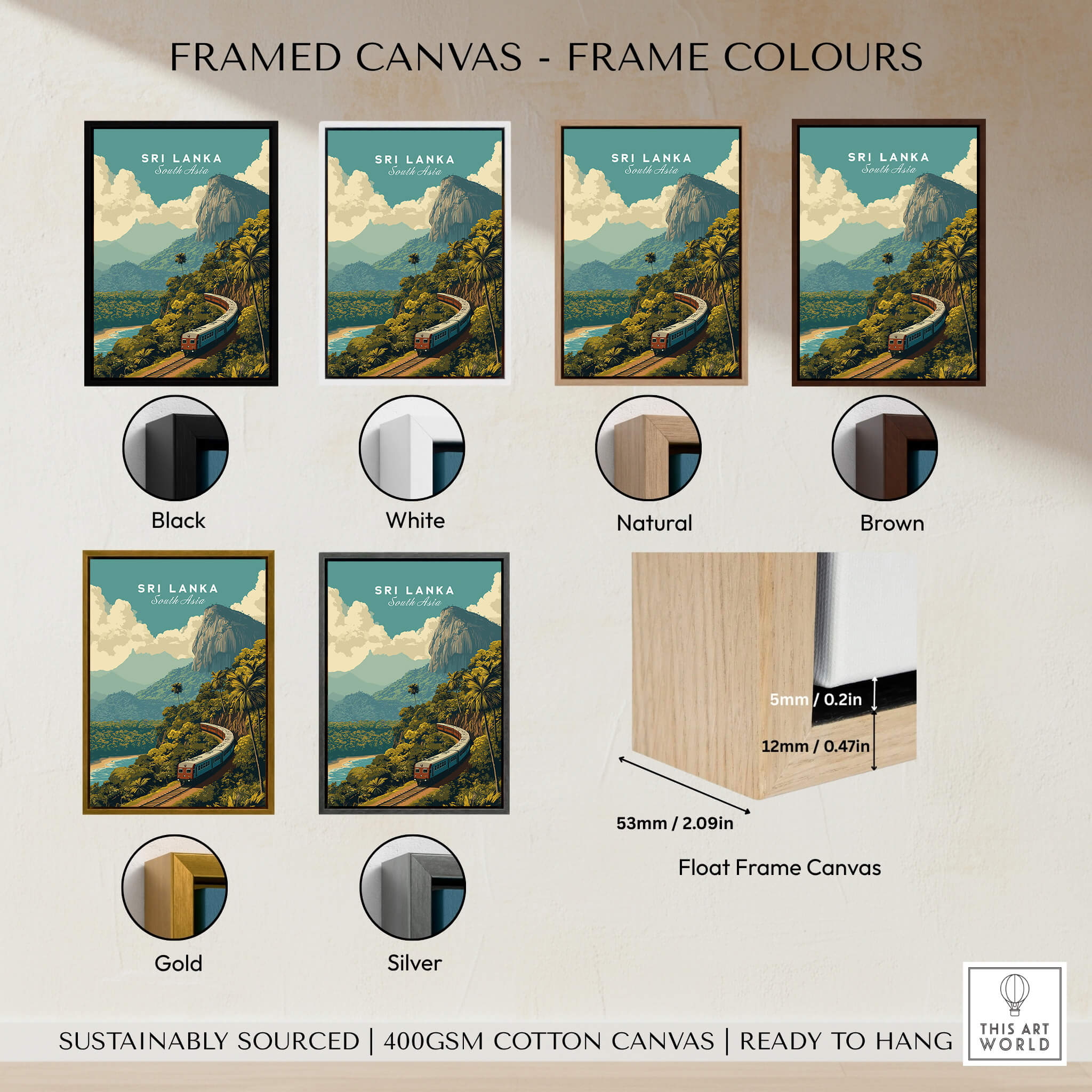 Framed canvas options for Sri Lanka Travel Poster | Scenic Hill Country Train Wall Art Print in various colors.