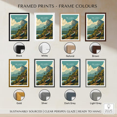 Framed prints showcasing Sri Lanka Travel Poster | Scenic Hill Country Train Wall Art Print in various frame colors.