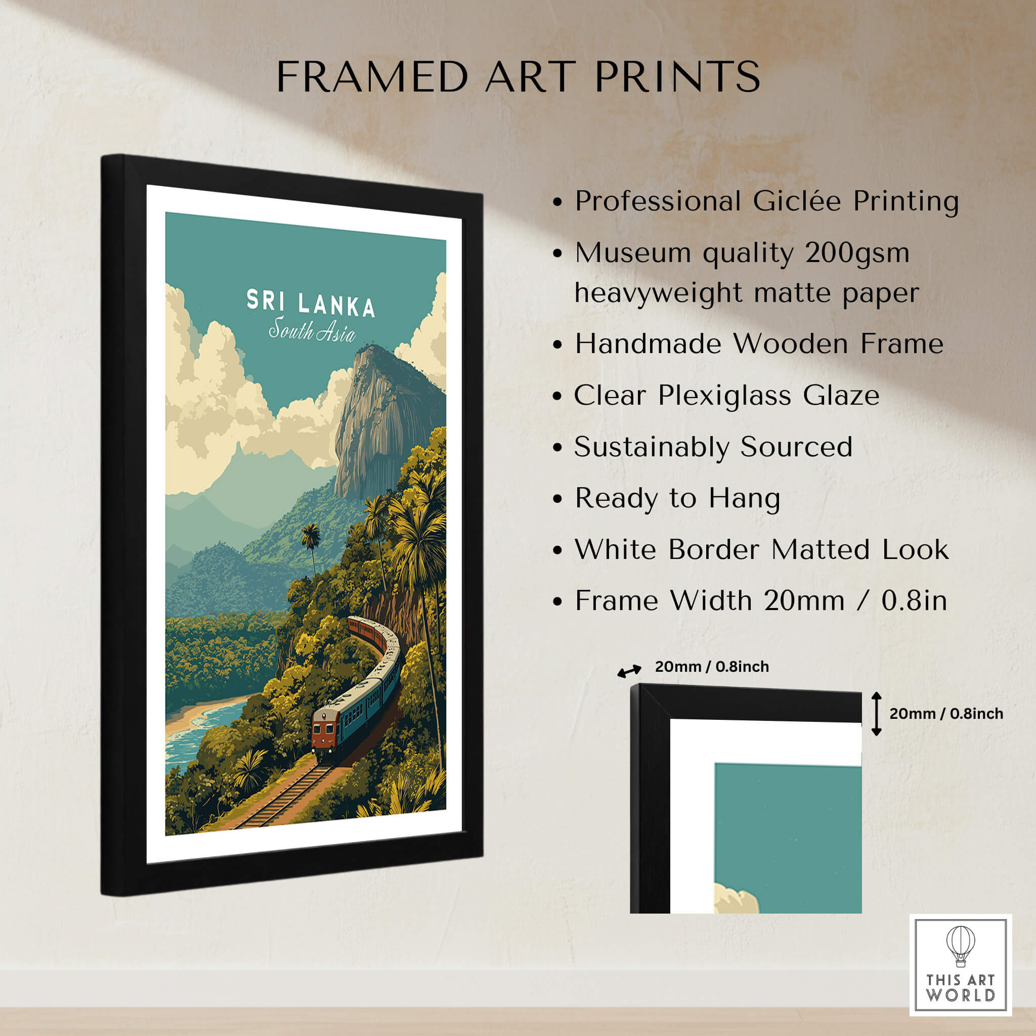 Sri Lanka Travel Poster | Scenic Hill Country Train Wall Art Print framed with professional giclée printing and sustainable materials.
