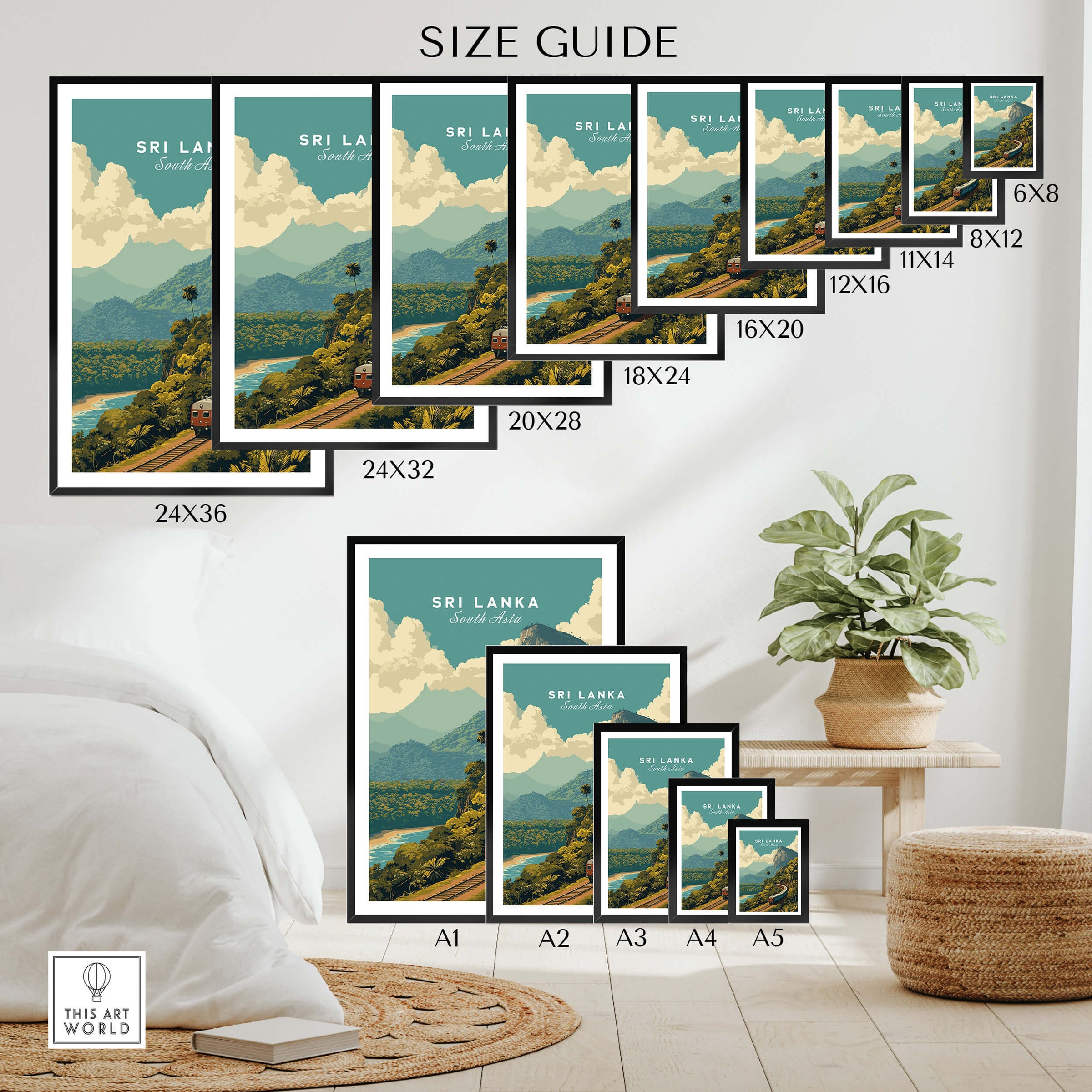 Sri Lanka Travel Poster | Scenic Hill Country Train Wall Art Print size guide showcasing various frame dimensions.