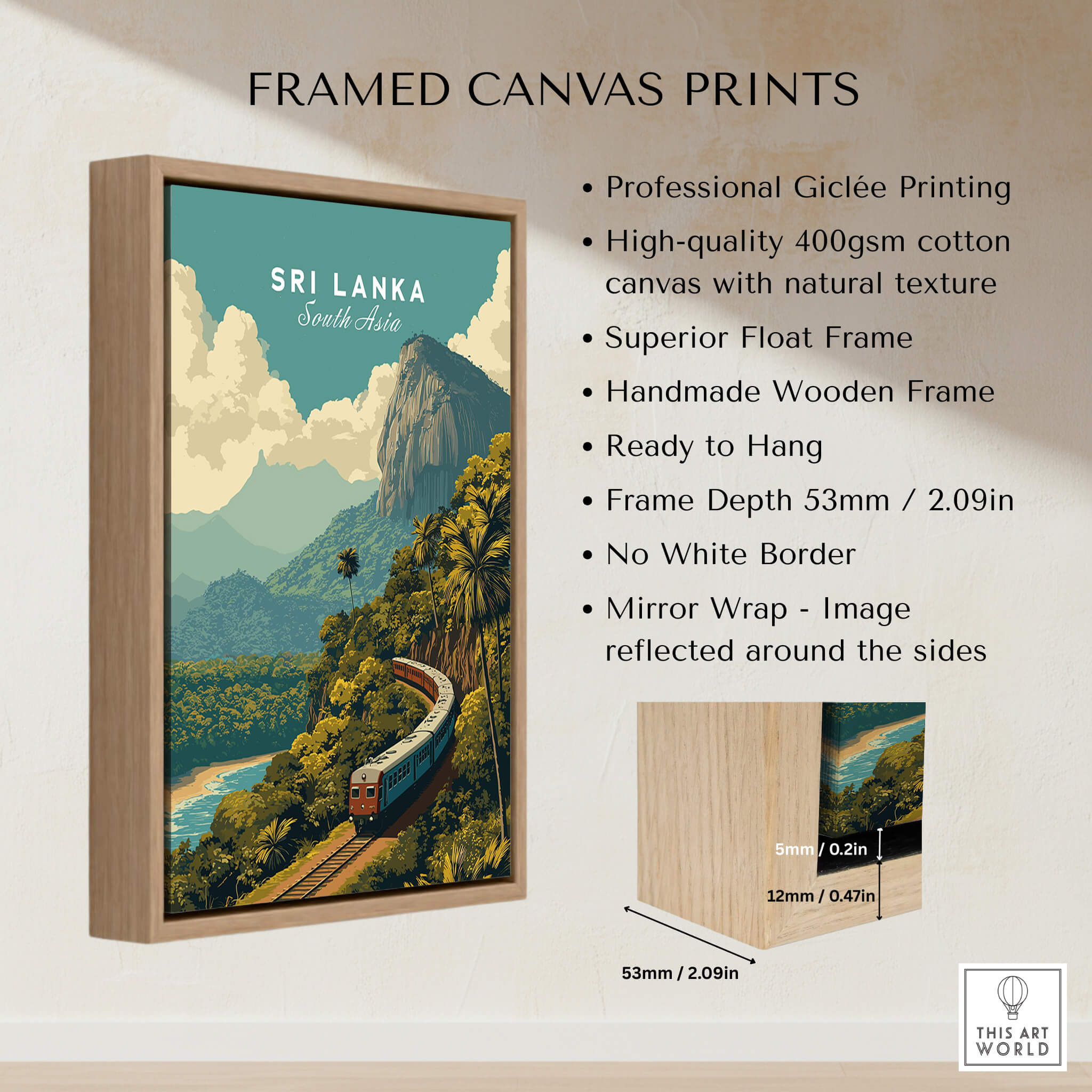 Sri Lanka Travel Poster | Scenic Hill Country Train Wall Art Print framed canvas with vibrant train and mountains.