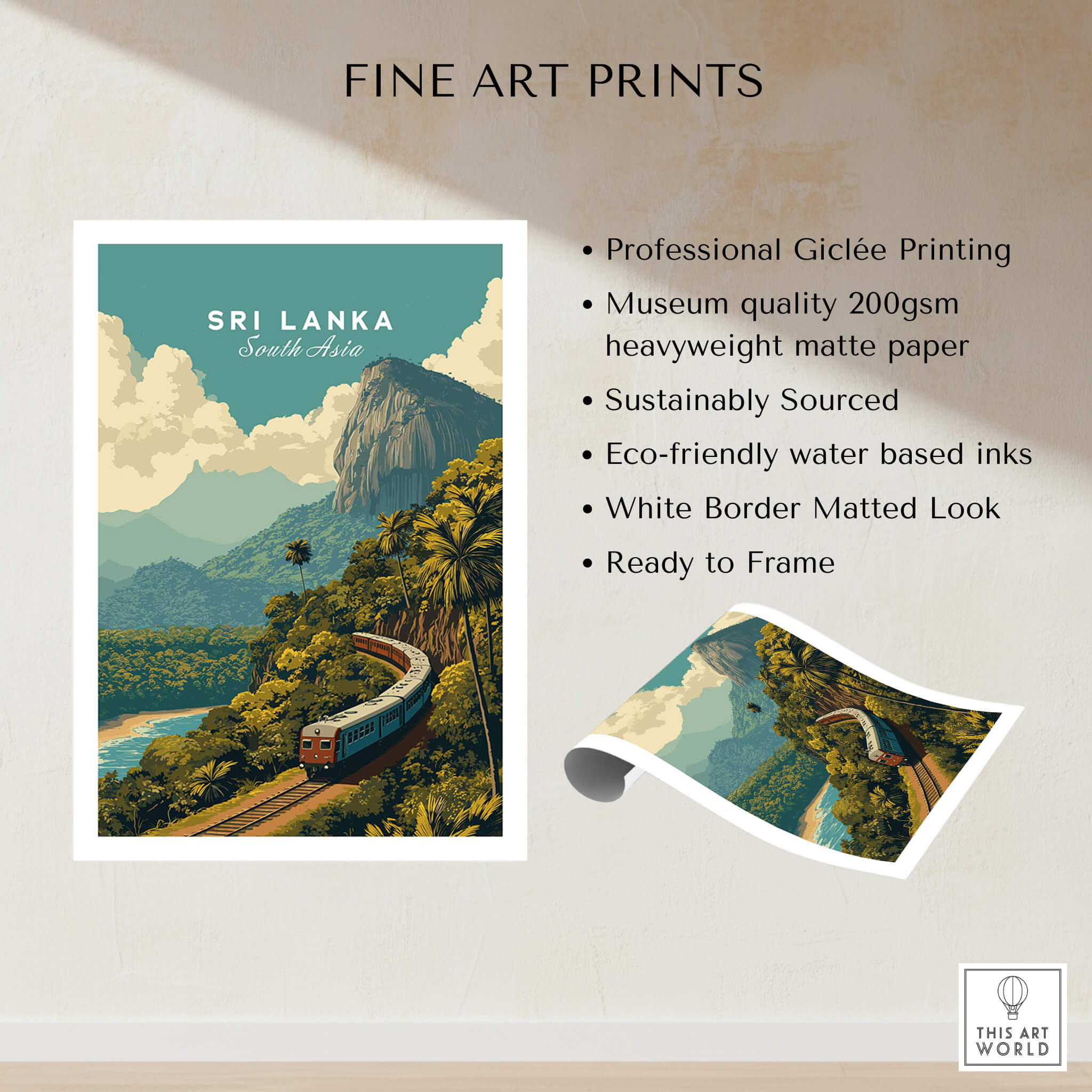 Sri Lanka Travel Poster | Scenic Hill Country Train Wall Art Print showcasing a train winding through lush mountains and tea plantations.