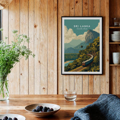Sri Lanka Travel Poster | Scenic Hill Country Train Wall Art Print featuring a train in lush landscape.