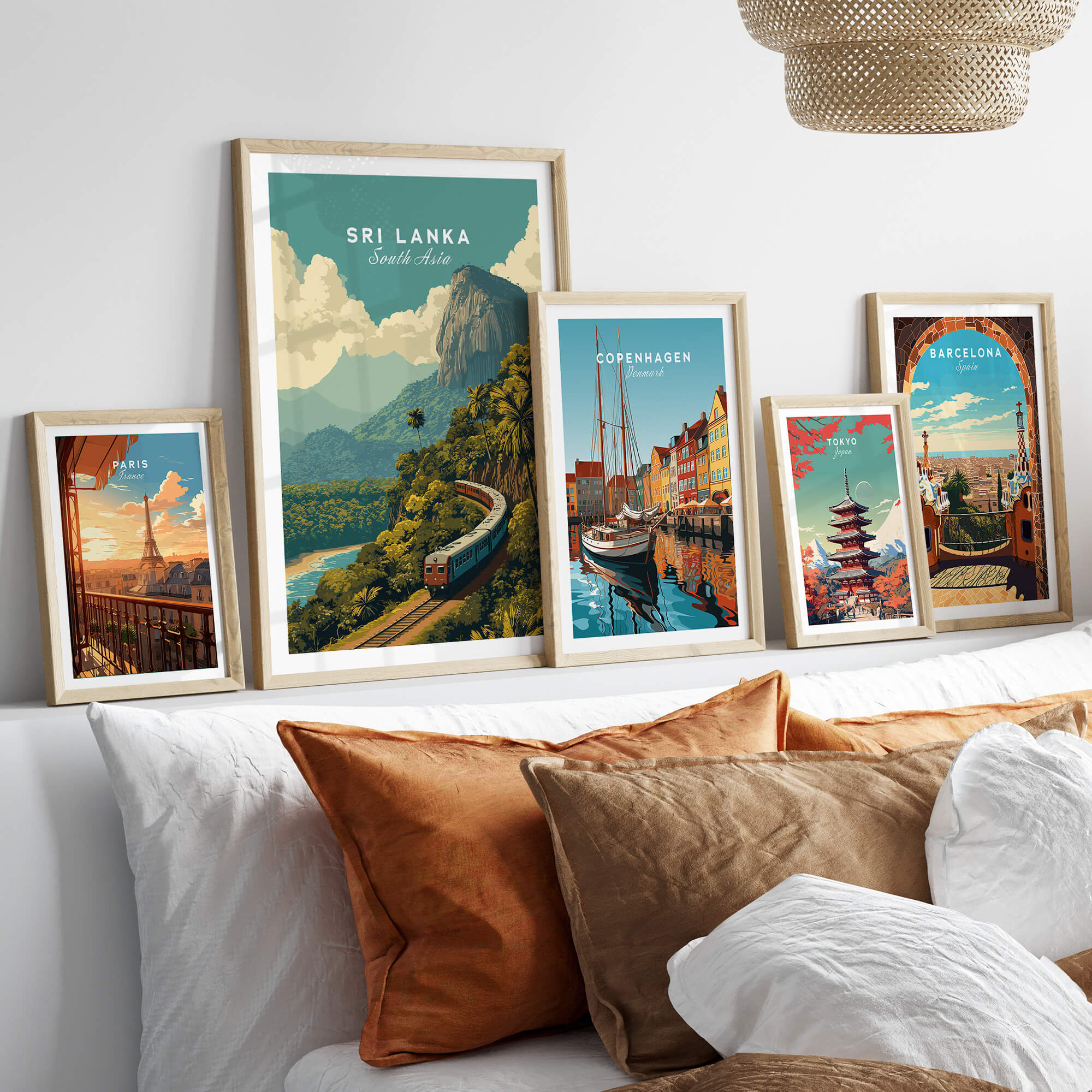 Sri Lanka Travel Poster | Scenic Hill Country Train Wall Art Print displayed in a stylish frame gallery on a cozy sofa.