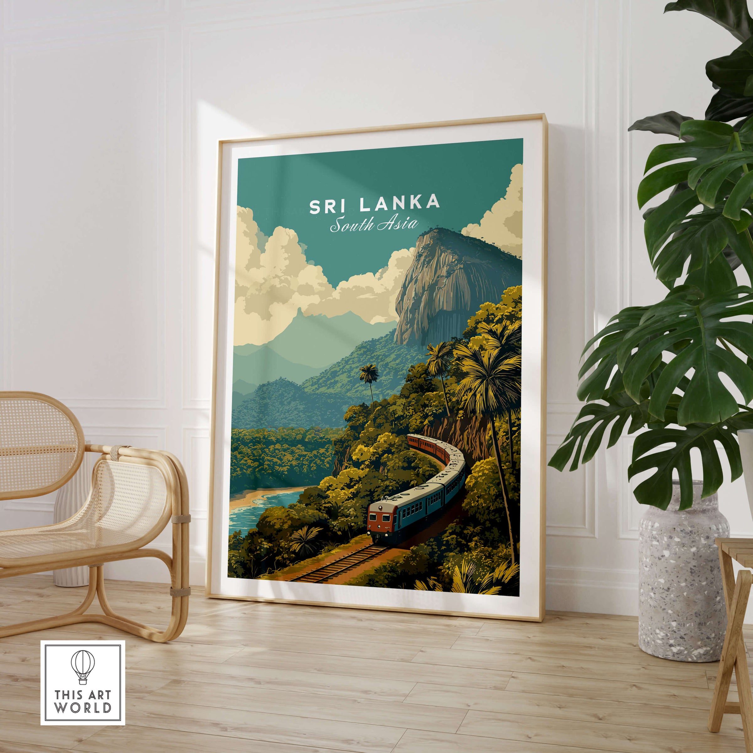 Sri Lanka Travel Poster | Scenic Hill Country Train Wall Art Print featuring a train in lush mountainous landscape.
