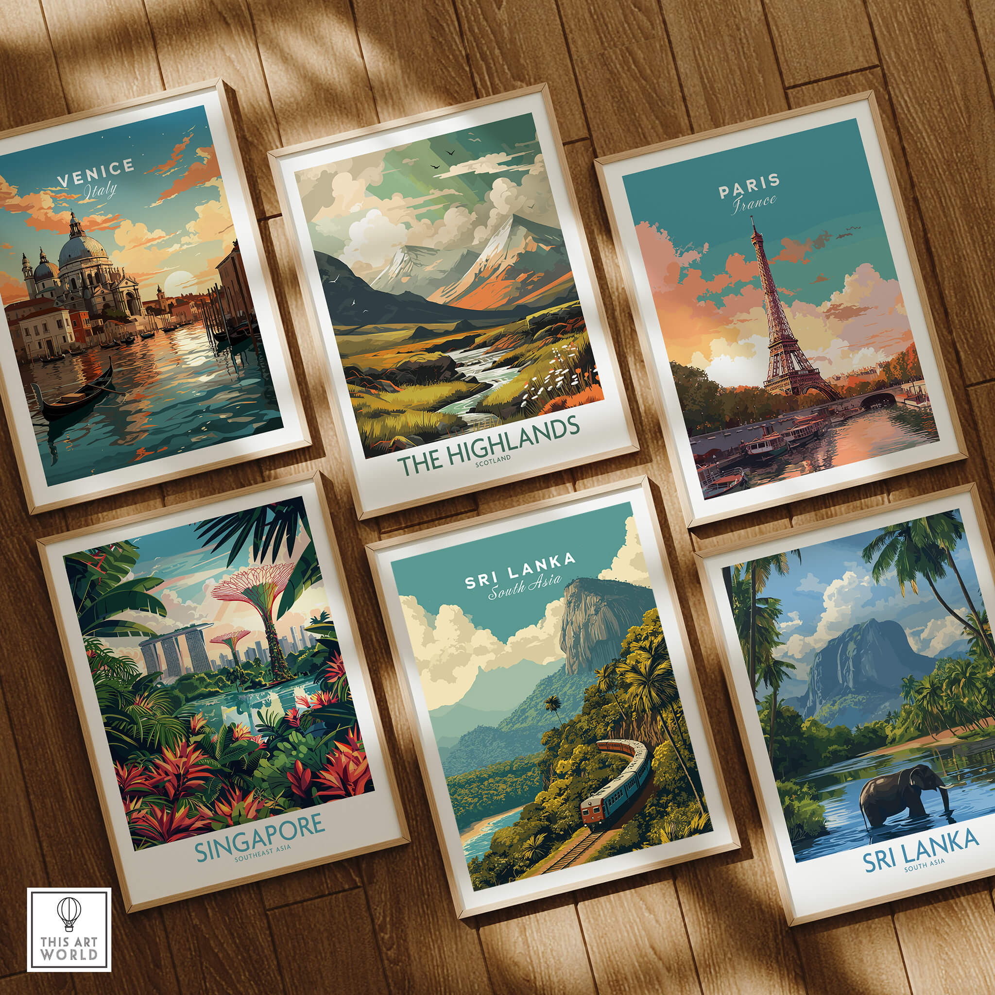 Sri Lanka Travel Poster | Scenic Hill Country Train Wall Art Print featuring travel posters from various locations.