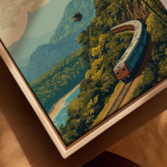 Sri Lanka Travel Poster | Scenic Hill Country Train Wall Art Print featuring a train winding through lush mountains and scenery.