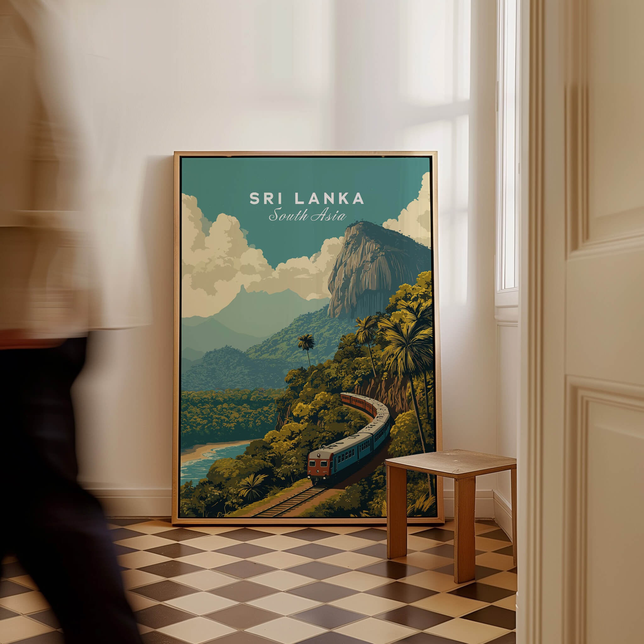 Sri Lanka Travel Poster | Scenic Hill Country Train Wall Art Print showcasing a train through lush mountains and plantations.