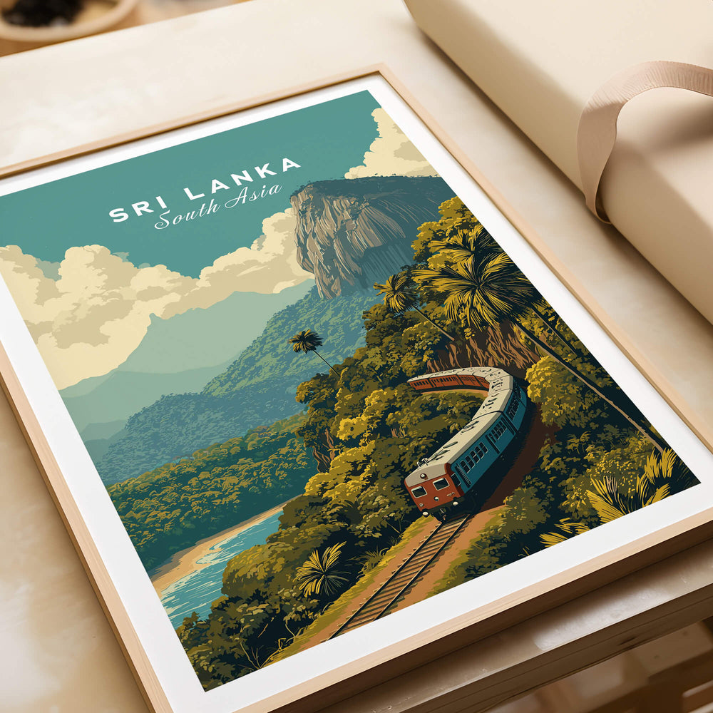 Sri Lanka Travel Poster | Scenic Hill Country Train Wall Art Print featuring a train through lush mountains and plantations.