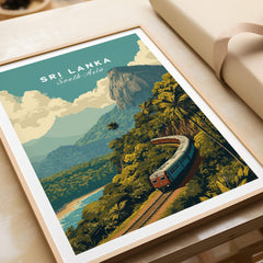 Sri Lanka Travel Poster | Scenic Hill Country Train Wall Art Print featuring a train through lush mountains and plantations.