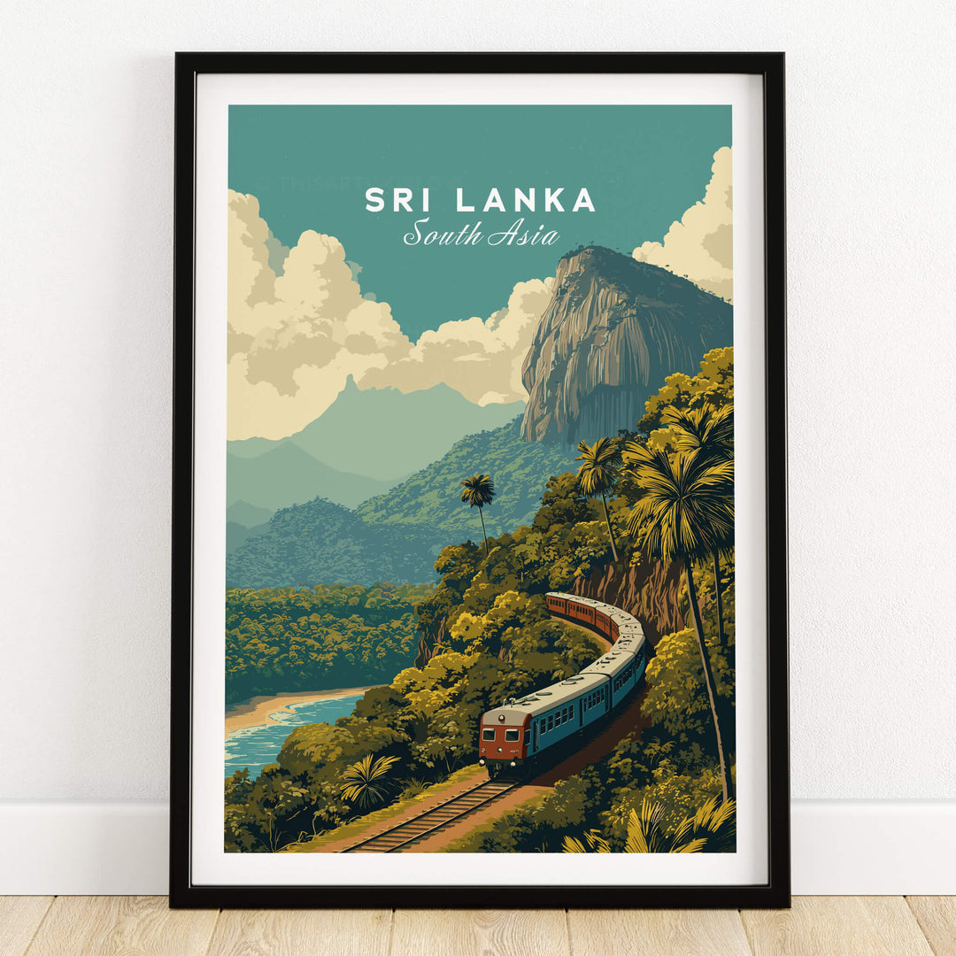 Sri Lanka Travel Poster | Scenic Hill Country Train Wall Art Print featuring train winding through lush mountains and scenic landscapes.