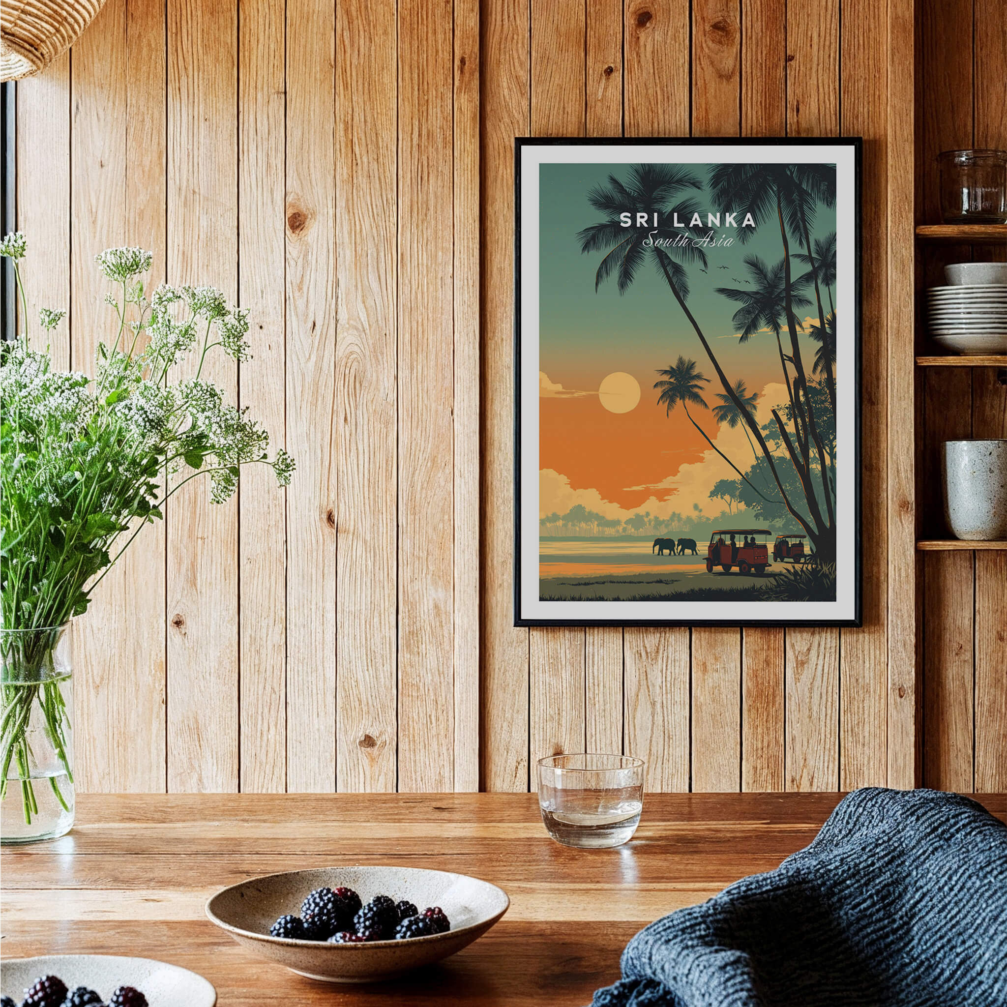 Sri Lanka Wall Art Print | Elephant Safari Sunset Travel Poster displayed in a cozy, rustic interior with wooden accents.