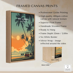 Sri Lanka Wall Art Print | Elephant Safari Sunset Travel Poster displayed in a framed canvas print format.