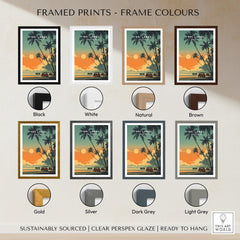 Framed prints showcasing various frame colors for Sri Lanka Wall Art Print | Elephant Safari Sunset Travel Poster.