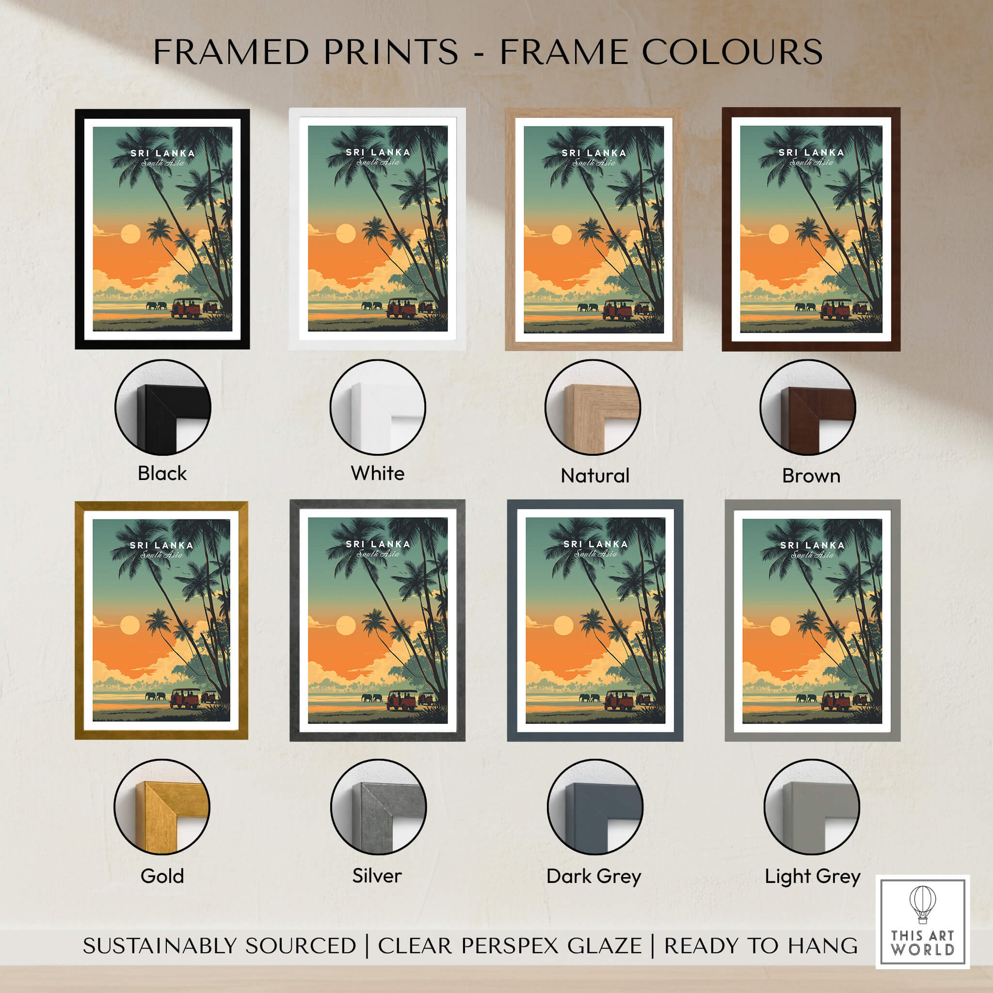 Framed prints showcasing various frame colors for Sri Lanka Wall Art Print | Elephant Safari Sunset Travel Poster.