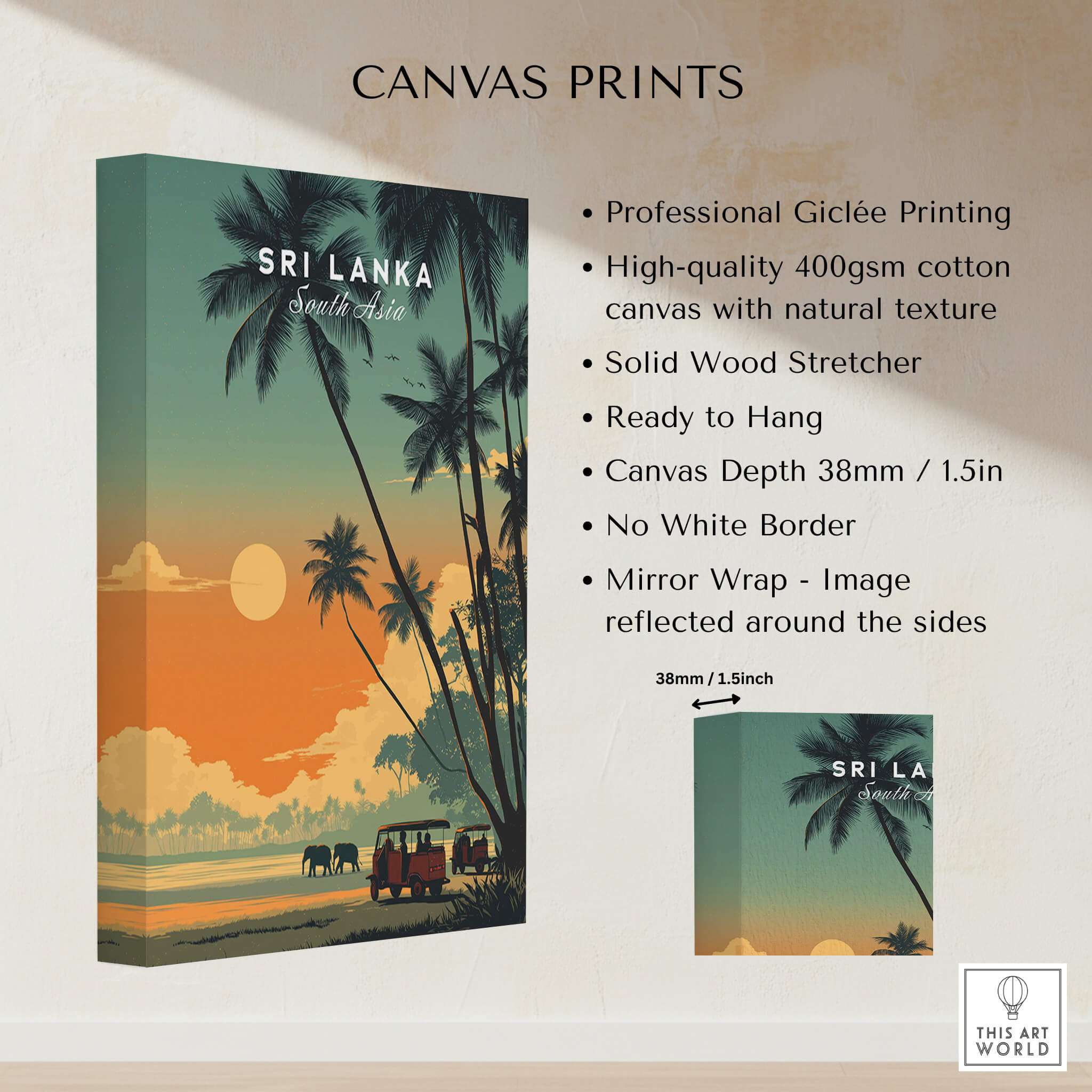Sri Lanka Wall Art Print | Elephant Safari Sunset Travel Poster - high-quality canvas print details and vibrant design.