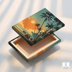 Sri Lanka Wall Art Print | Elephant Safari Sunset Travel Poster showcasing stunning sunset over palm trees and elephants.