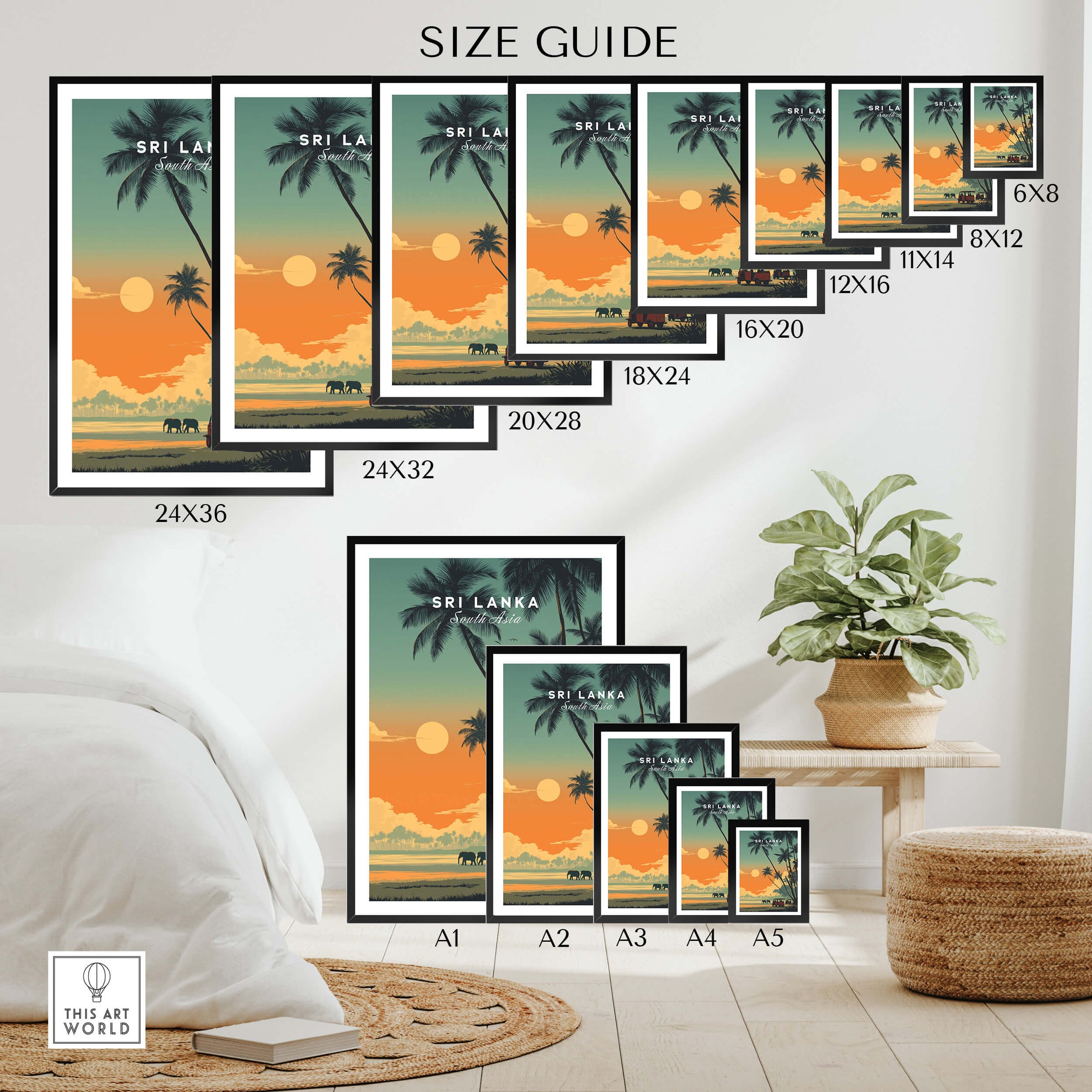 Sri Lanka Wall Art Print | Elephant Safari Sunset Travel Poster Size Guide with various frame sizes displayed.