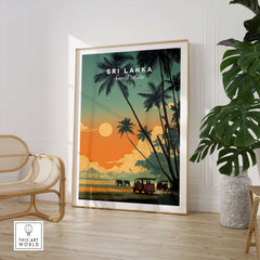 Sri Lanka Wall Art Print | Elephant Safari Sunset Travel Poster displayed in a stylish room with palm trees and elephants.