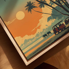 Sri Lanka Wall Art Print | Elephant Safari Sunset Travel Poster featuring elephants and sunset in a serene landscape.