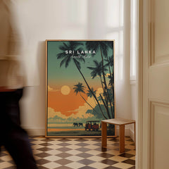 Sri Lanka Wall Art Print | Elephant Safari Sunset Travel Poster featuring elephants and a sunset in a serene interior setting.