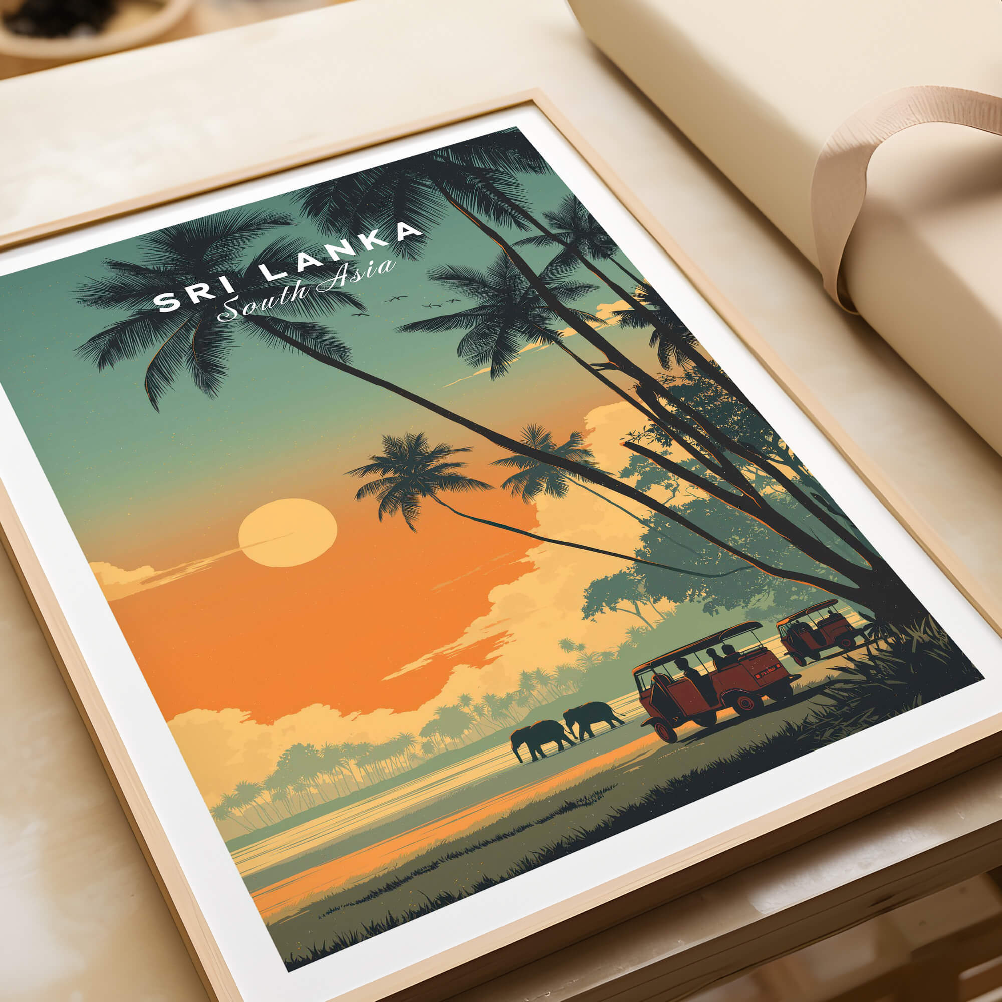 Sri Lanka Wall Art Print | Elephant Safari Sunset Travel Poster featuring elephants and sunset over Sri Lanka landscape.