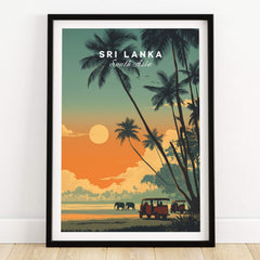 Sri Lanka Wall Art Print | Elephant Safari Sunset Travel Poster featuring elephants and palm trees at sunset.