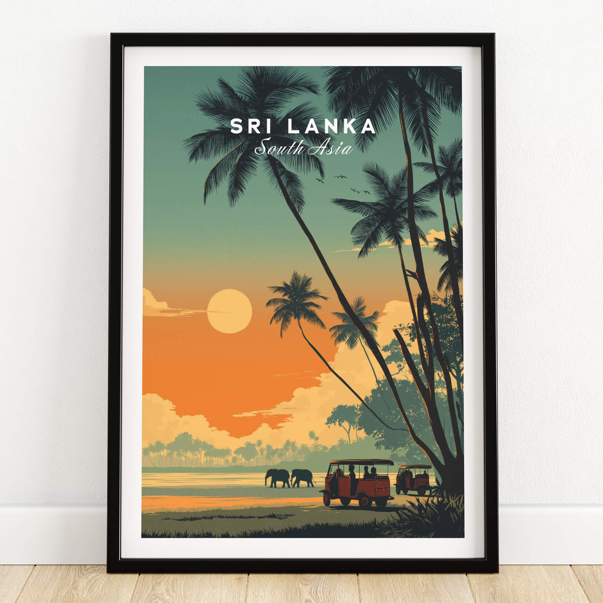 Sri Lanka Wall Art Print | Elephant Safari Sunset Travel Poster featuring elephants and palm trees at sunset.