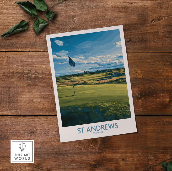 St Andrews Golf Course poster featuring a flag and panoramic landscape on a wooden background.
