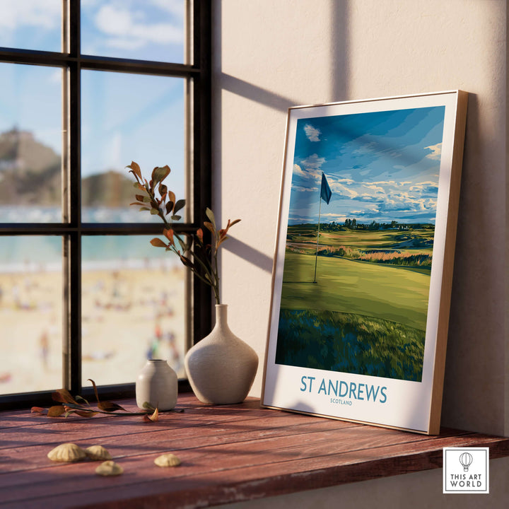St Andrews Golf Course poster in a sunny room with a beach view, showcasing Scotland's iconic golf landscape.