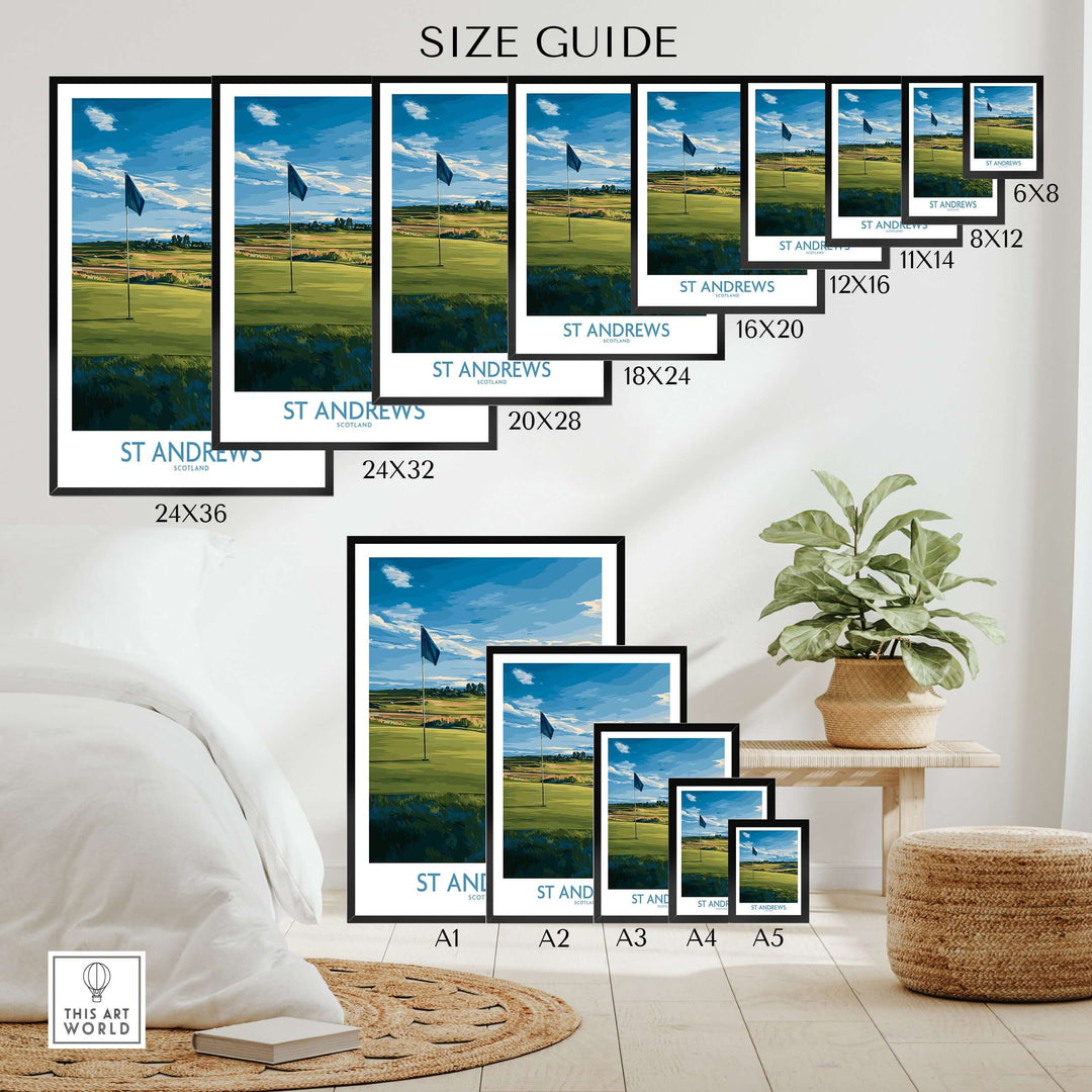 St Andrews golf course poster size guide showcasing various frame sizes and designs in a stylish interior setting.