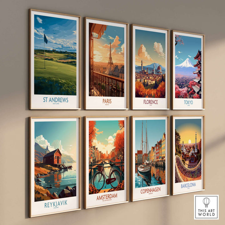 Framed travel posters featuring St Andrews, Paris, Florence, Tokyo, Reykjavik, Amsterdam, Copenhagen, and Barcelona.