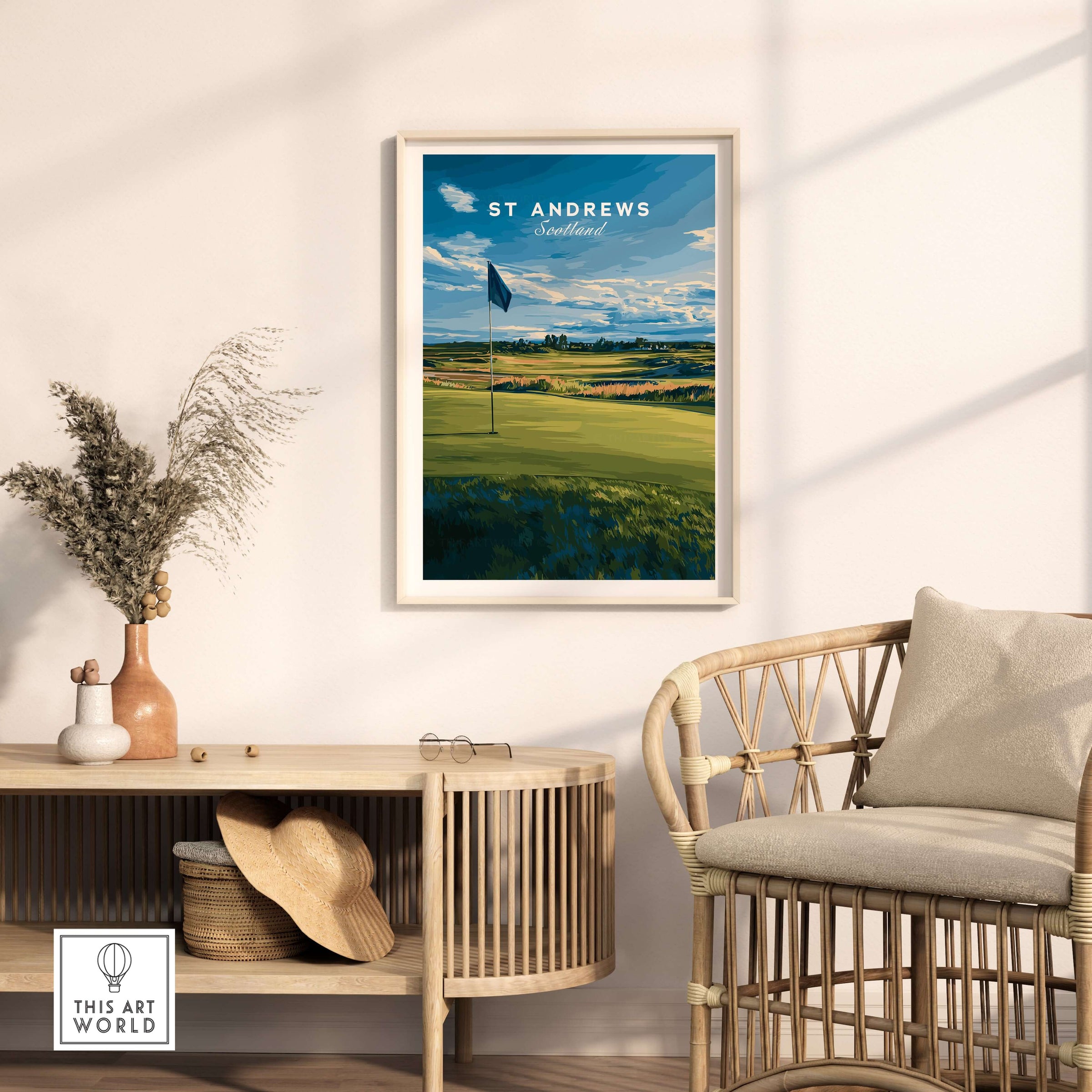 St Andrews Poster Scotland - Golf Print featuring a golf pin against a scenic backdrop in a stylish interior setting.