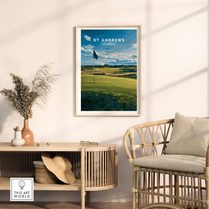 St Andrews golf poster in a stylish living room showcasing iconic landscape and flag on the green.