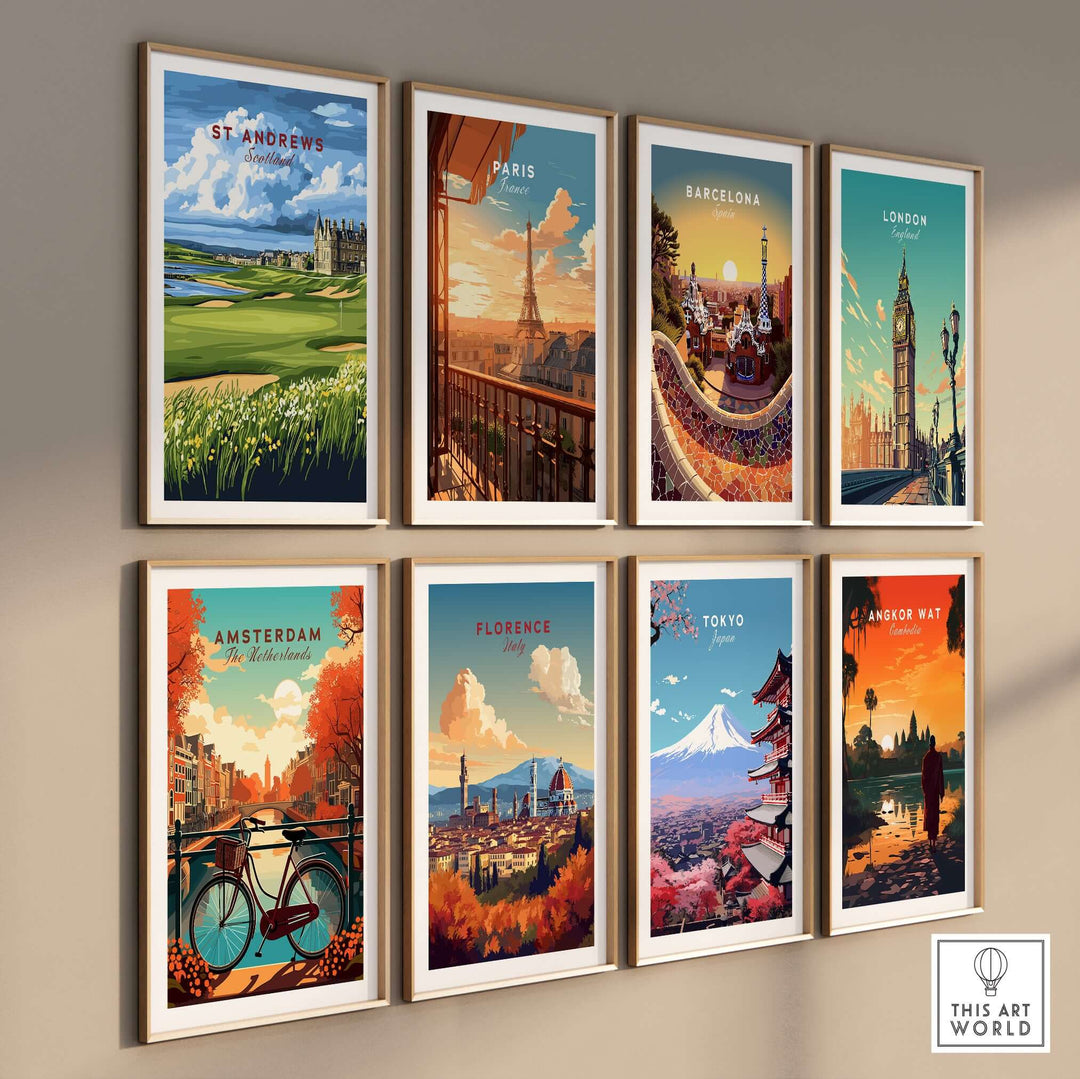 Collage of vibrant travel posters featuring St Andrews, Paris, Barcelona, London, Amsterdam, Florence, Tokyo, and Angkor Wat.