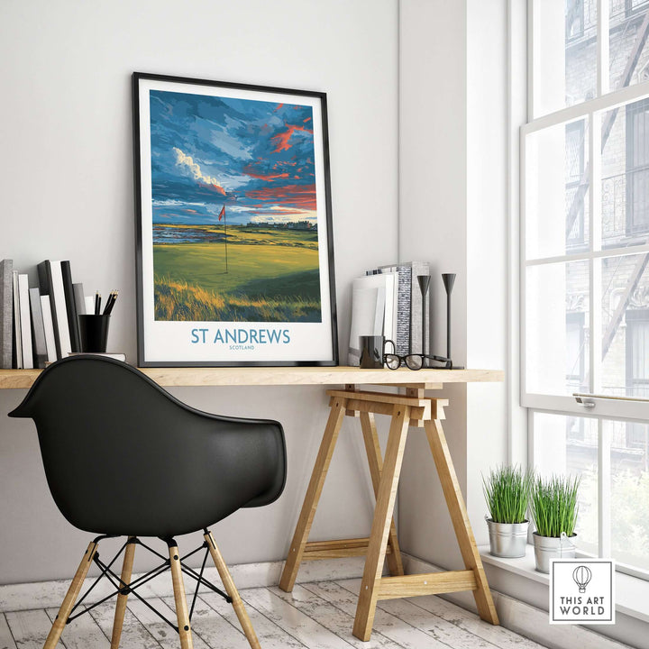 St Andrews poster featuring a golf fairway, displayed in a modern home office setting with stylish decor.