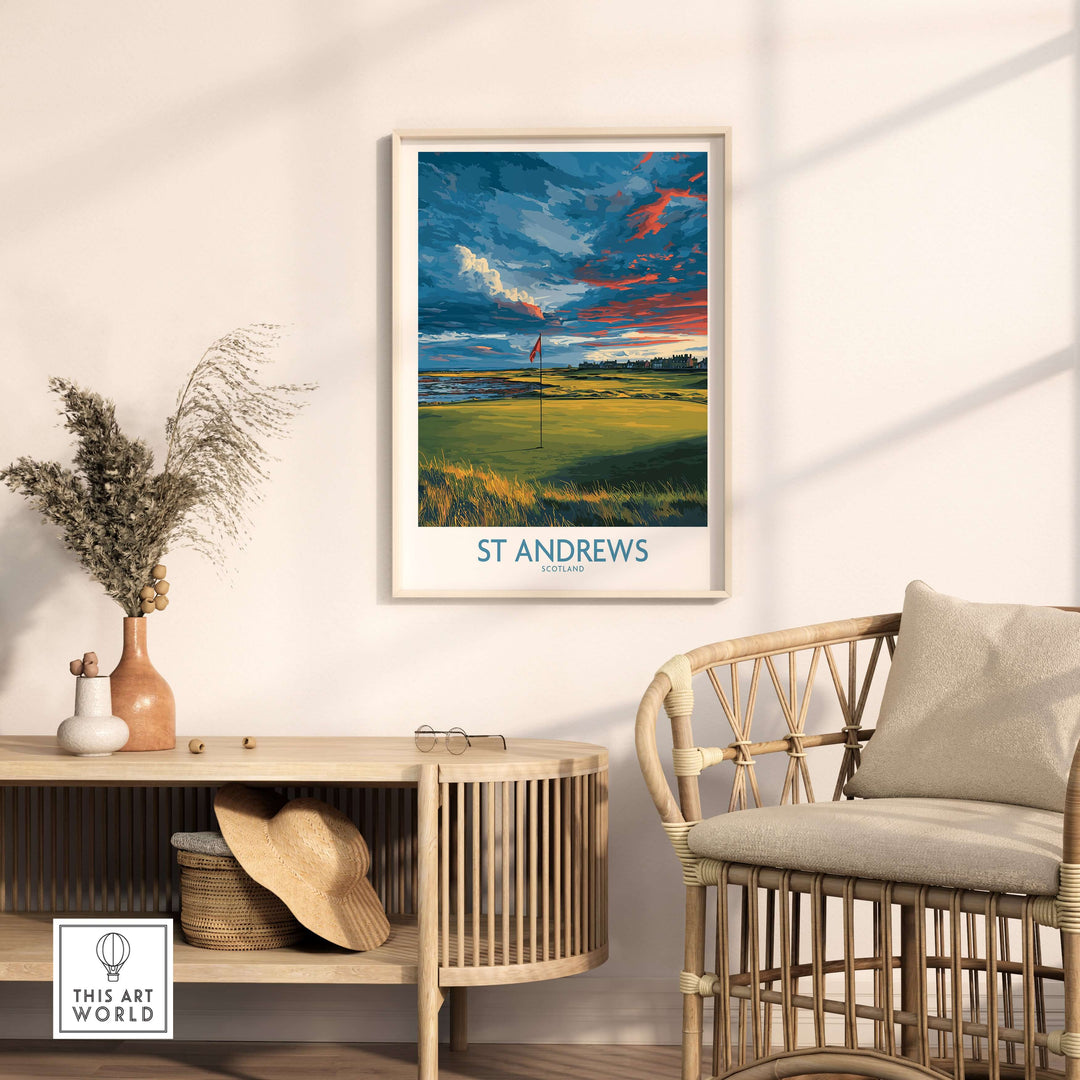 St Andrews Golf Fairway poster in a stylish living room setting with a rattan chair and decorative elements.