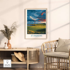 St Andrews Poster Scotland Golf Fairway Wall Art framed on a wall with a cozy interior, showcasing the golf course scenery.