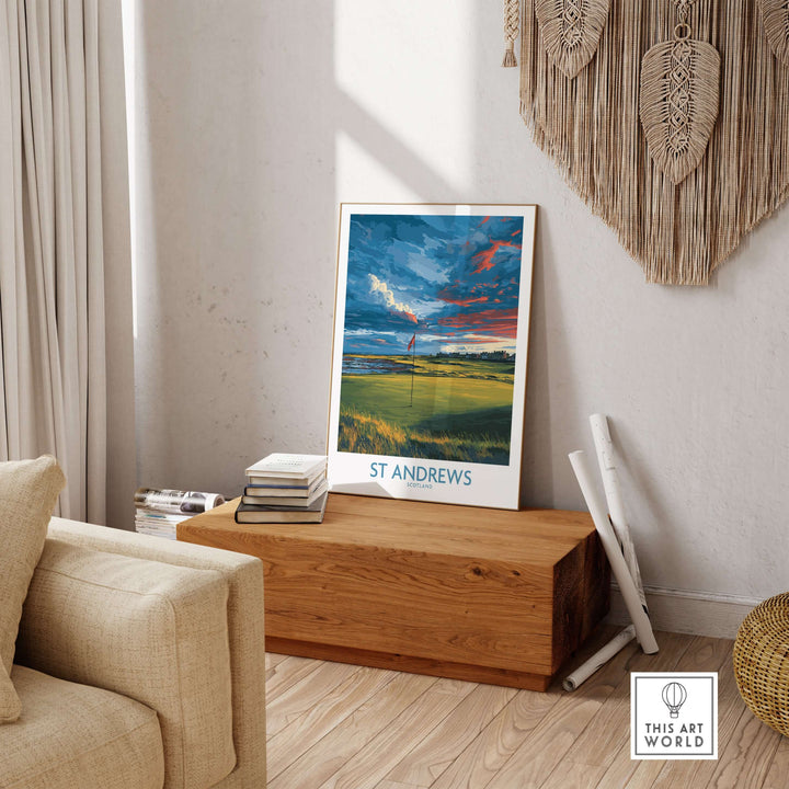 St Andrews poster featuring golf fairway wall art in a stylish living room setting.