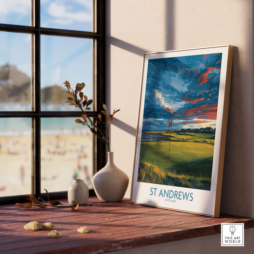 St Andrews Scotland golf fairway wall art displayed on a windowsill with beach view, capturing golf's historic birthplace.