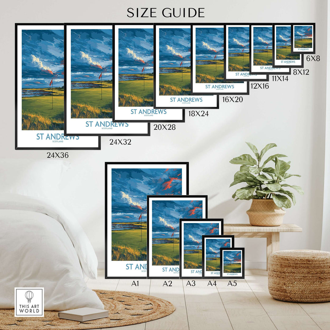 Size guide for St Andrews Golf Fairway Wall Art showcasing various frame sizes and design options.