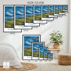 St Andrews Poster Scotland Golf Fairway Wall Art size guide showcasing various frame sizes and dimensions.