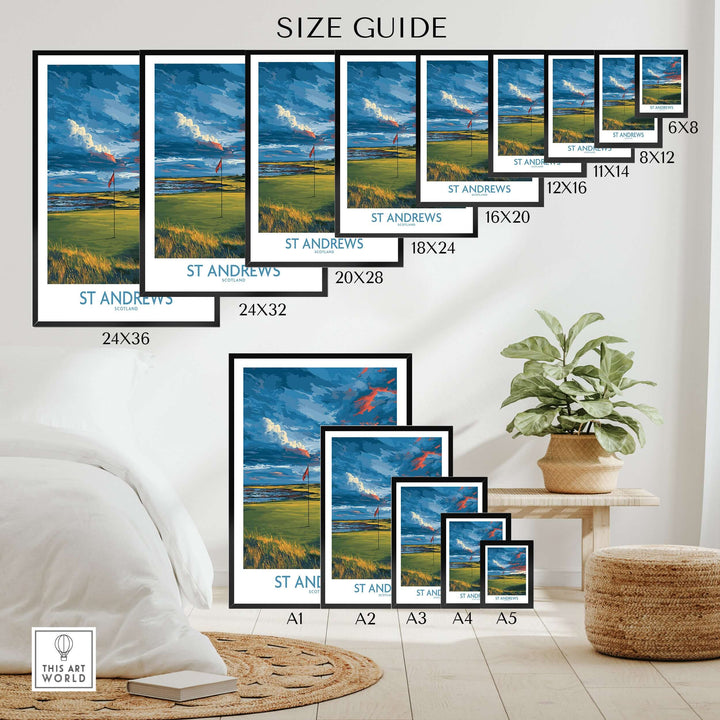 Size guide for St Andrews Golf Fairway Wall Art showcasing various frame sizes and design options.