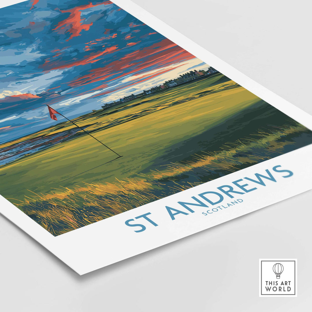 St Andrews Scotland golf fairway wall art featuring vibrant skies and iconic golf course details.