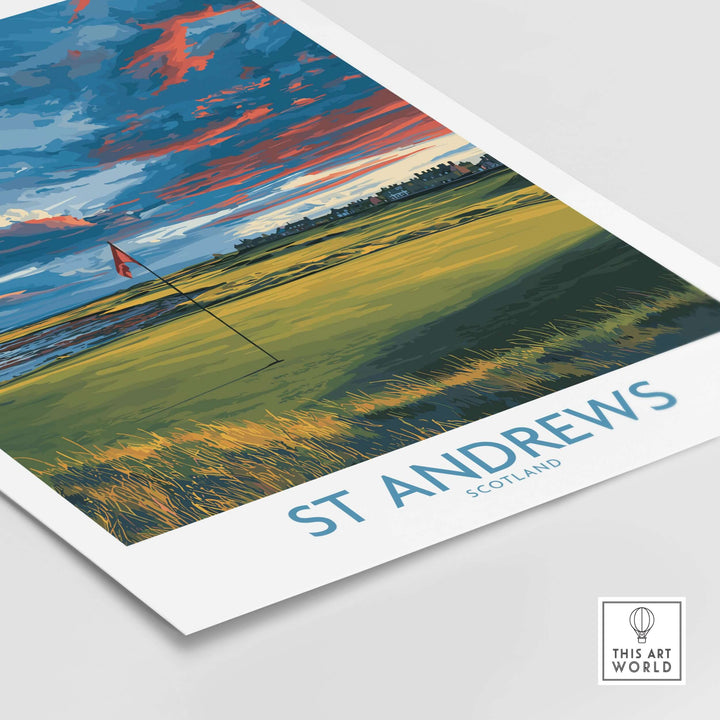 St Andrews Scotland golf fairway wall art featuring vibrant skies and iconic golf course details.