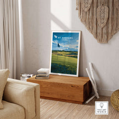 St Andrews Poster Scotland - Golf Print displayed in a stylish living room, showcasing iconic golf landscape.