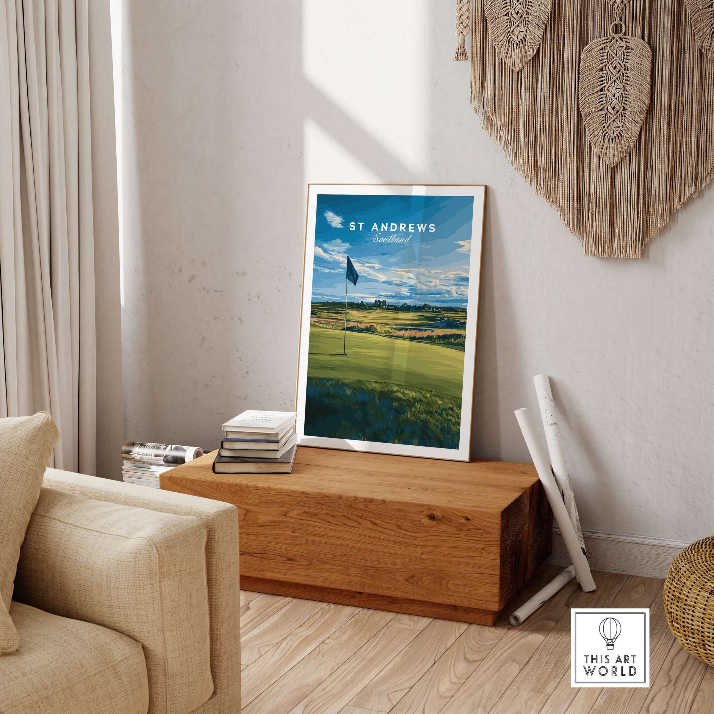 St Andrews Poster Scotland - Golf Print displayed in a stylish living room, showcasing iconic golf landscape.
