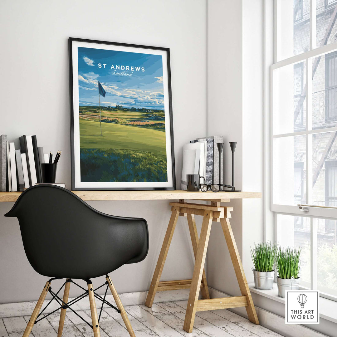 St Andrews golf print poster displayed in a modern workspace, showcasing iconic Scottish landscape and golf heritage.