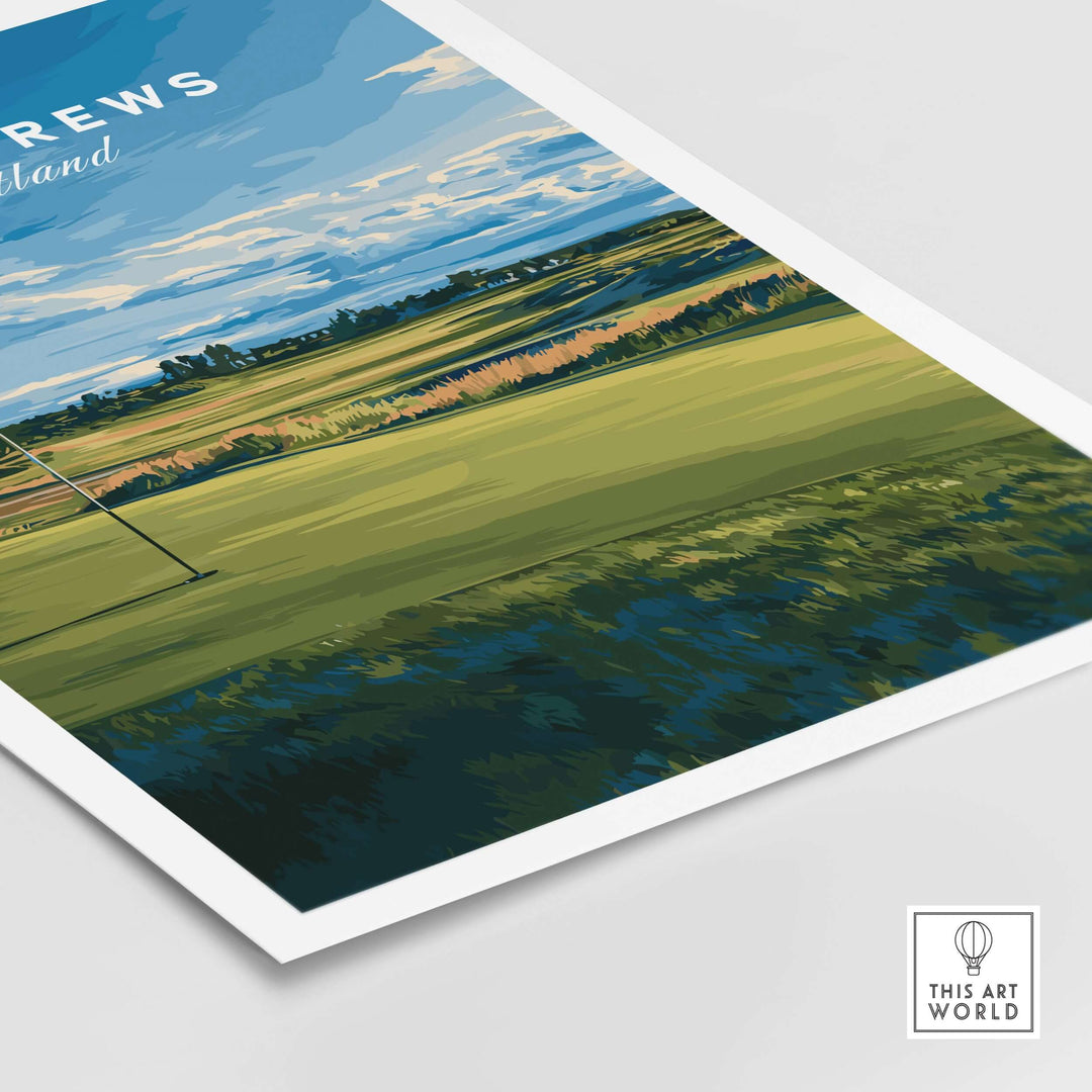 St Andrews Poster showcasing golf's birthplace in Scotland, featuring iconic landscapes and historic stonework.
