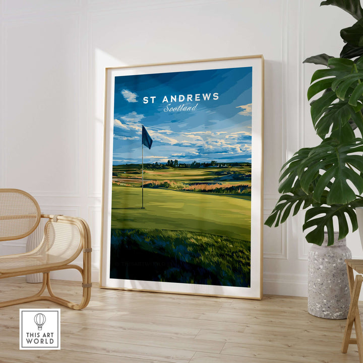 St Andrews Scotland golf print poster featuring a golf flag on a lush green course in a stylish home setting.